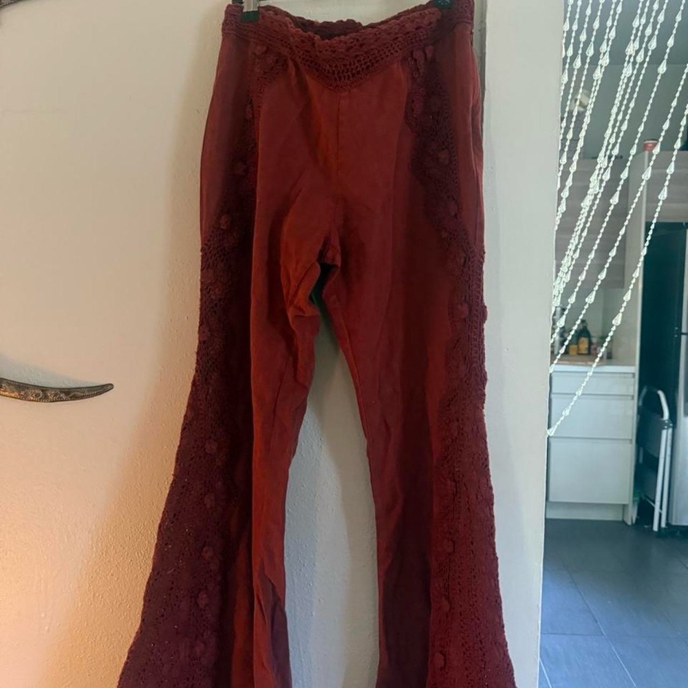 Free People Burnt Orange Crochet Flare Jeans